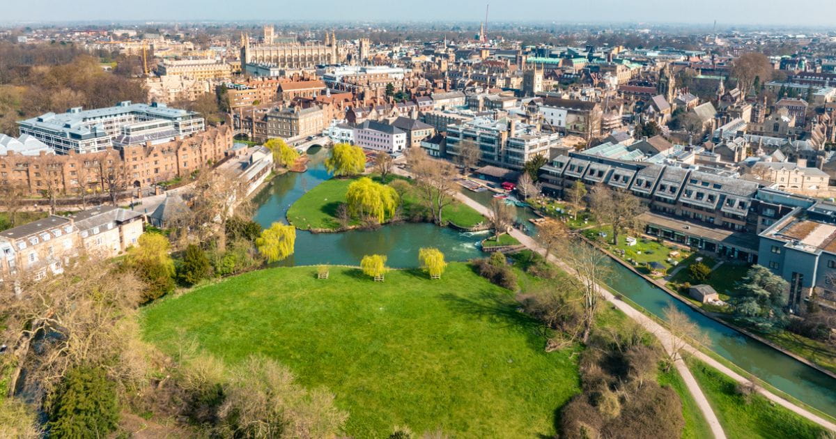 Aerial view of Cambridge colleges and greens UK