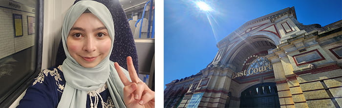 Two photos, a girl sitting in a train carriage, and the exterior view of a building