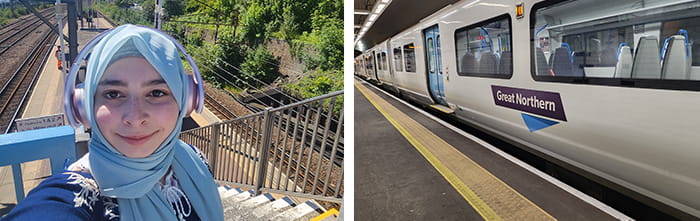 A girl at a train station with a train arrived at the platform