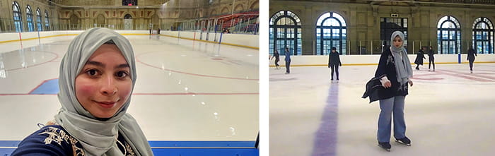 Two photos of a girl ice skating