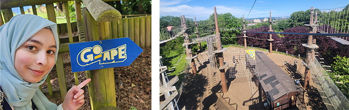 A girl pointing to the Go-Ape sign and a view of the Go-Ape adventure park