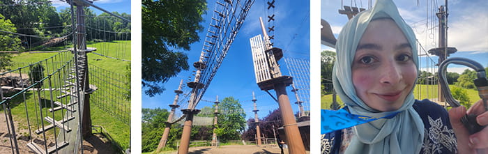 Three photos of a girl at Go-Ape adventure park