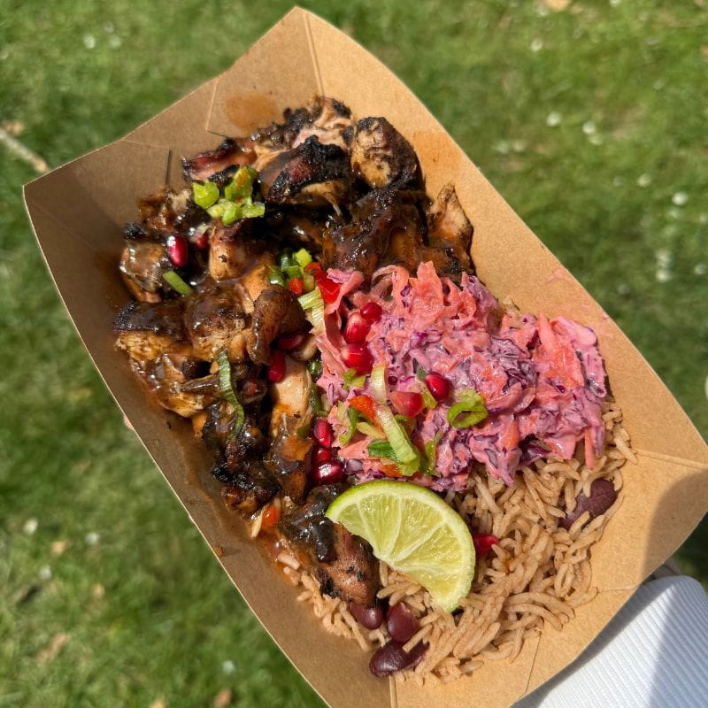 Jerk chicken with rice and peas slaw lime Welwyn Garden City world food festival