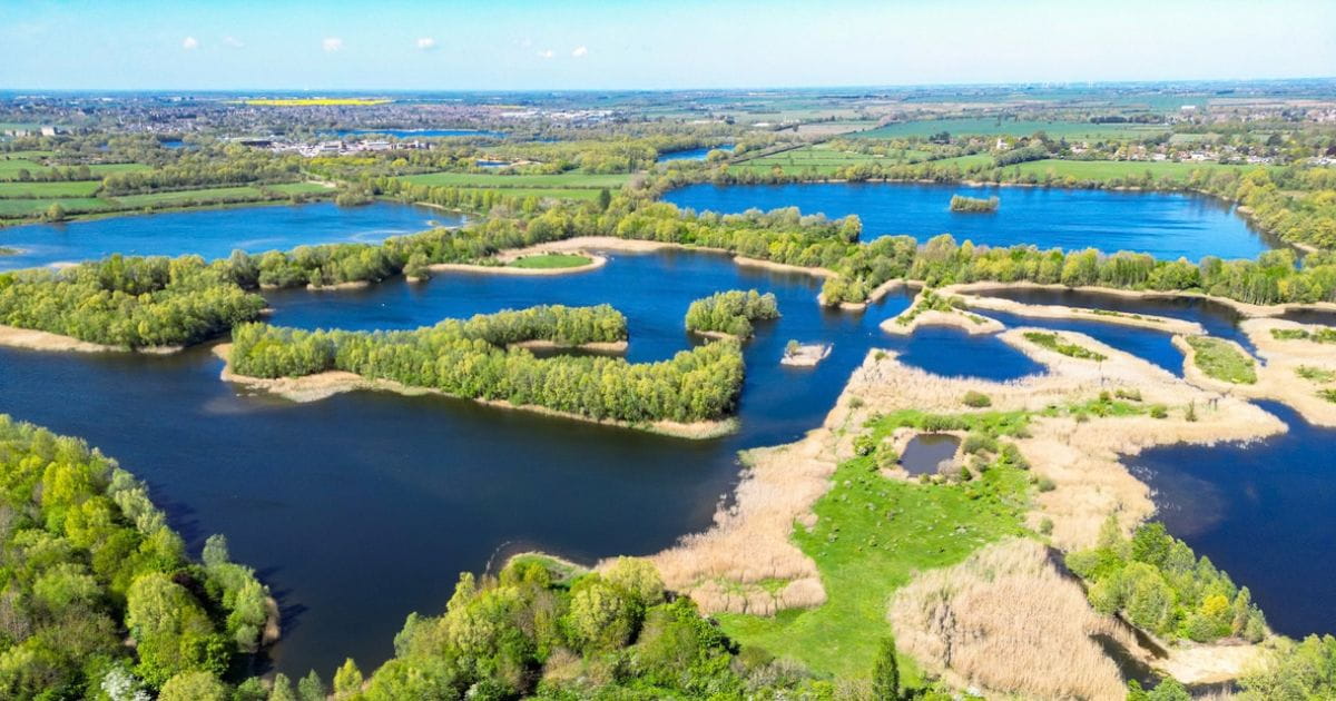 Aerial view of Fen Drayton Lakes near Cambridge