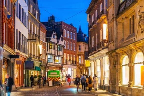 Downtown Cambridge city skyline, shopping street in England stock photo