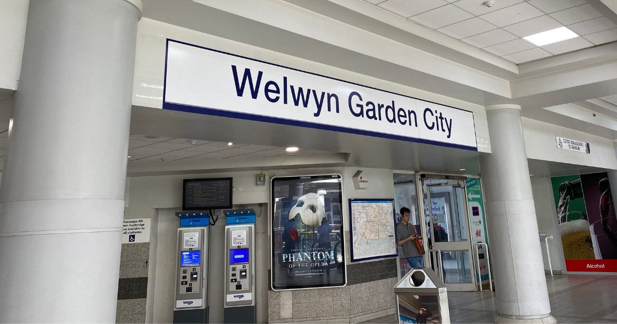 A photo of Welwyn Garden City railway station signage