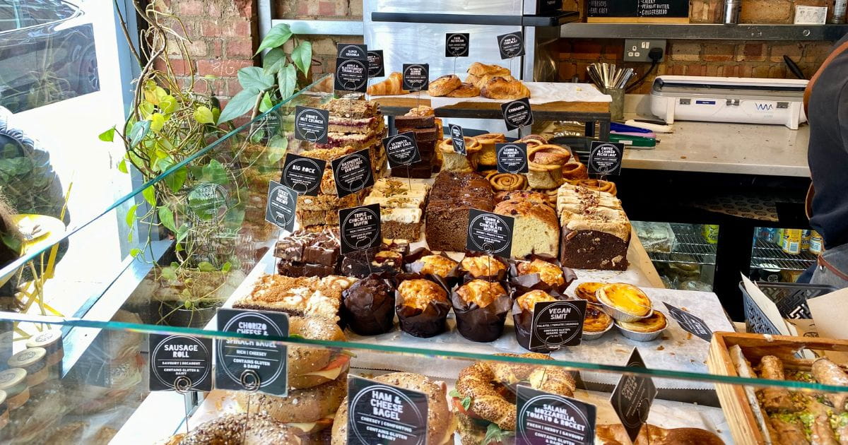 A photo of pastries and cakes on display at Welwyn Coffee Lab